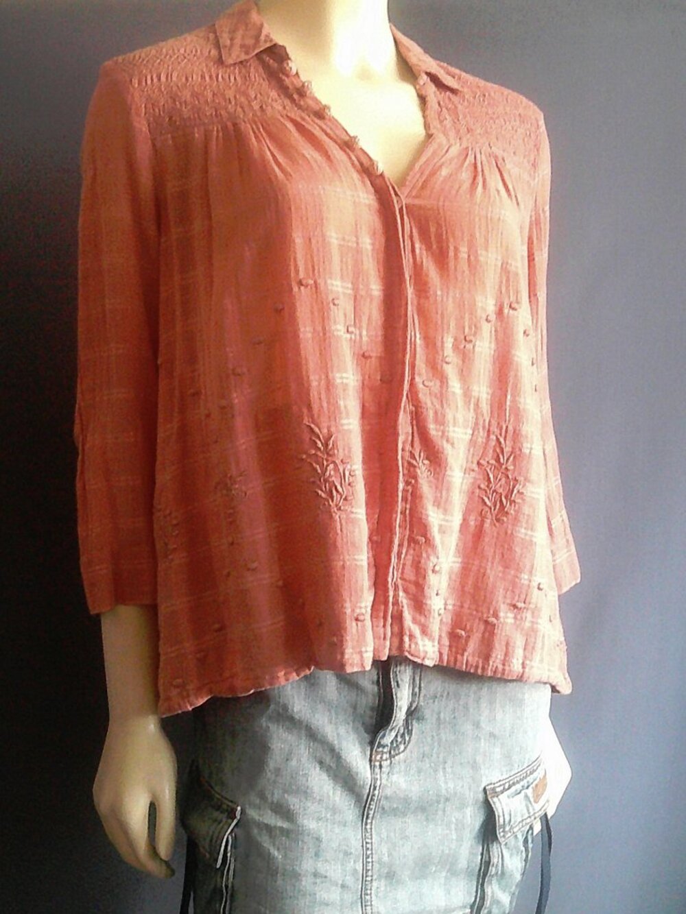 Vanessa Virginia Anthropologie Pueblo Orange Fade Embroidered Swing Shirt 4